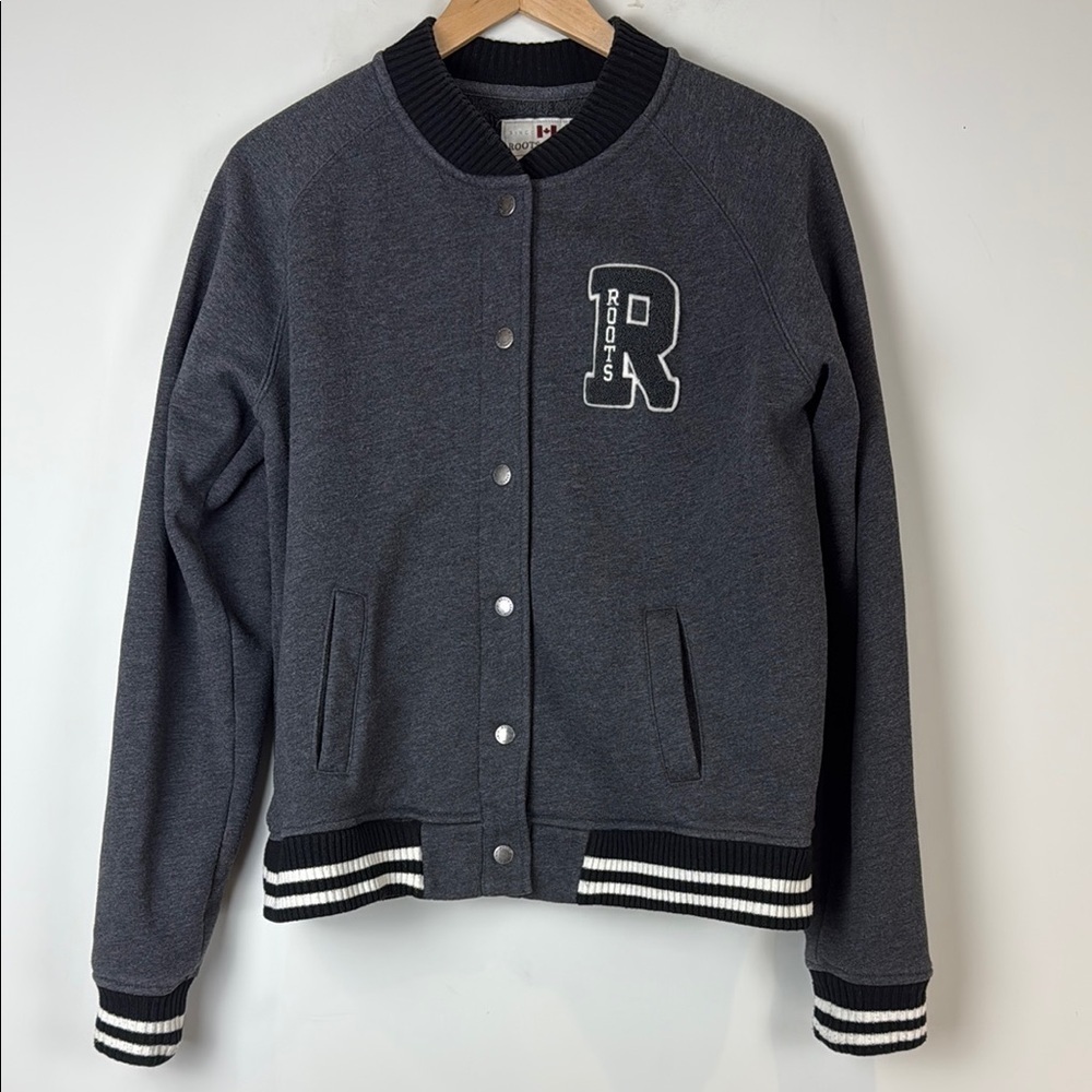 Roots Women's Gray and Black Bomber Jacket with Ribbed Details Size Extra Large